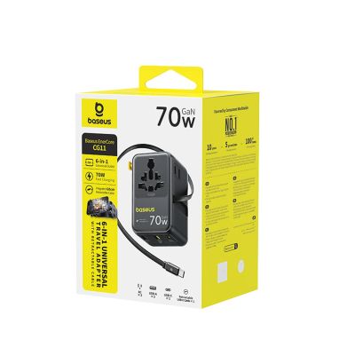 4. Baseus EnerCore CG11 70W 6-in-1 Reiseadapter mit einziehbarem USB-C-Kabel – Schwarz