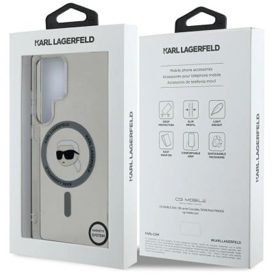 8. Karl Lagerfeld Button Karl Head gedrucktes Logo MagSafe Samsung Galaxy S25 Ultra Hülle schwarz