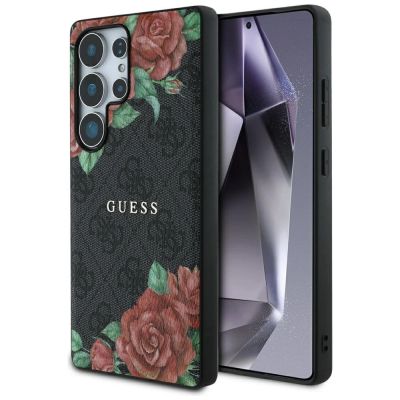 Guess Leather 4G Flowers Print Metal Classic Logo MagSafe Hülle für Samsung Galaxy S25 Ultra - Schwarz