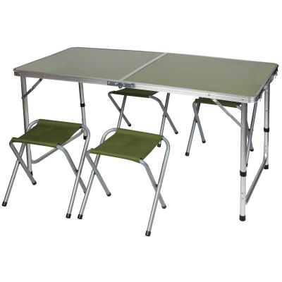 10. Klappbarer Campingtisch 120 x 60 x 70/62/55 cm + 4 Stühle, Grün