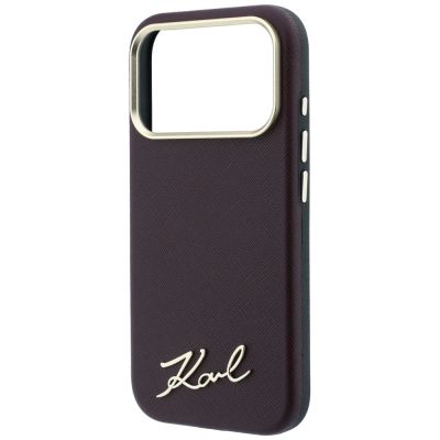 6. Karl Lagerfeld Saffiano MagSafe-Hülle mit kleinem Schriftzug und Metalllogo für iPhone 17 Pro / 18 Pro – bordeauxrot