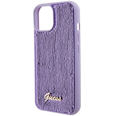 7. Guess Pailletten-Schriftzug-Metallgehäuse für iPhone 15 – Lila
