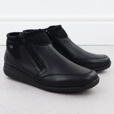 3. Rieker 47270-00 bequeme schwarze wasserdichte Leder-Damenstiefeletten