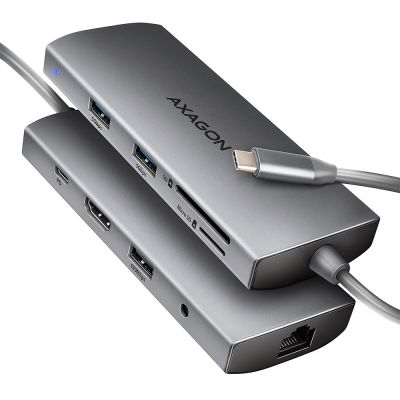 AXAGON HMC-8HLSA Multiport-Hub USB-C 3.2 Gen 1, 3x USB-A + 4K/60Hz HDMI + SD/microSD, Gigabit-LAN, Audio, PD 100W - Silber