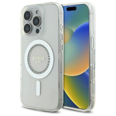 Guess IML Strassstein-MagSafe-Hülle für iPhone 16 Pro Max – Weiß