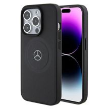Mercedes-Benz MagSafe-Lederhülle mit gekreuzten Linien für iPhone 15 Pro – Schwarz