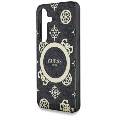 6. Guess 4G Background Gold Galvanisiertes Pfingstrosenmuster MagSafe-Hülle für Samsung Galaxy S25 schwarz