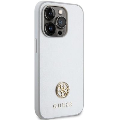 4. Guess Strass Metal Logo Hülle für iPhone 15 Pro – Silber