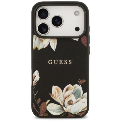3. Guess Grained Flowers Classic Logo MagSafe Hülle für iPhone 17 Pro - Schwarz