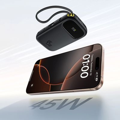 7. Baseus EnerFill FC31 QPow3 10000mAh 45W Powerbank mit Digitalanzeige und 2 integrierten USB-C-Kabeln – Schwarz
