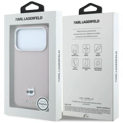 8. Karl Lagerfeld MagSafe-Schutzhülle mit Choupette-Kopf-Motiv aus genarbtem Metall für iPhone 17 Pro / 18 Pro – Pink