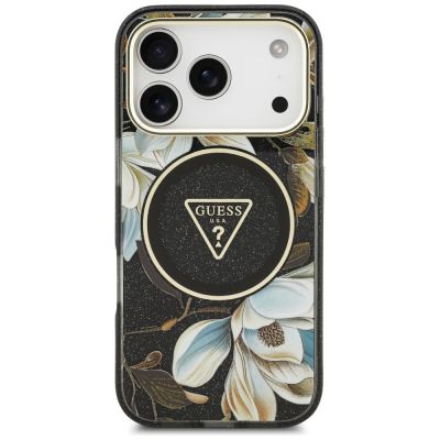 3. Guess IML Glitter Flowers Triangle MagSafe Hülle für iPhone 18 Pro Max / 17 Pro Max – Schwarz