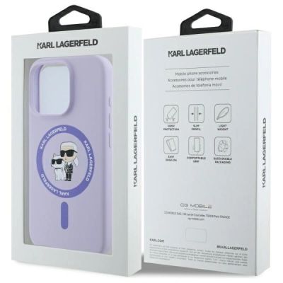8. Karl Lagerfeld Silikonhülle mit Karl&Choupette-Kopf-Ring und MagSafe-Motiv für iPhone 16 Pro – Lila