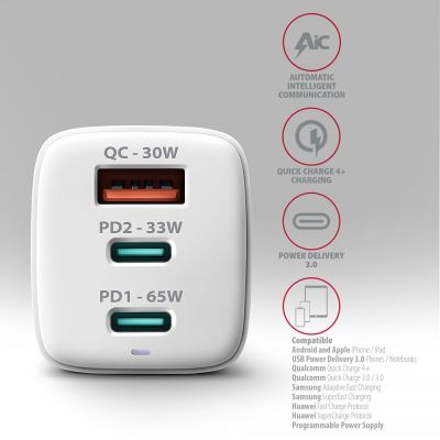 4. Axagon ACU-DPQ65W Universelles Ladegerät für Mobilgeräte, Weiß, AC-Schnellladefunktion, intern