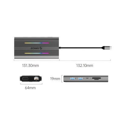 3. Orico XCR 12-in-1 RGB USB-C Dockingstation mit 3x USB-A, USB-C PD, 100W HDMI, 4K VGA, RJ45 Gigabit-SD- und microSD-Kartenleser – Grau