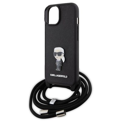 5. Karl Lagerfeld Umhängetasche mit Saffiano-Monogramm und Metallnadel, Karl & Choupette-Hülle für iPhone 15 – Schwarz