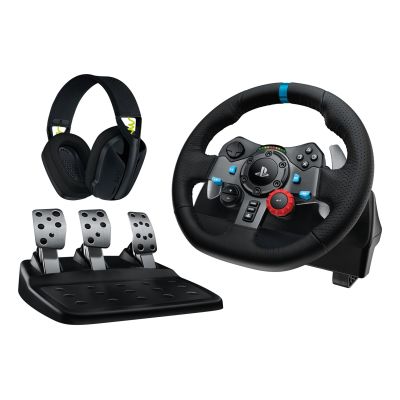 Logitech G 991-000539 Gaming-Controller aus Aluminium, Schwarz, USB, Lenkrad + Pedale + Headset für PC, PlayStation 4, PlayStation 5, PlayStation 3