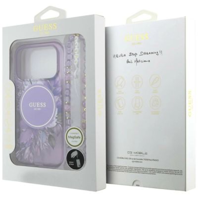 8. Guess IML Flowers Pearl Strap MagSafe Hülle für iPhone 18 Pro Max / 17 Pro Max – lila