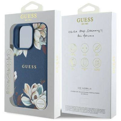 8. Guess Grained Printed Flower Pattern MagSafe Case für iPhone 16 Pro Blau
