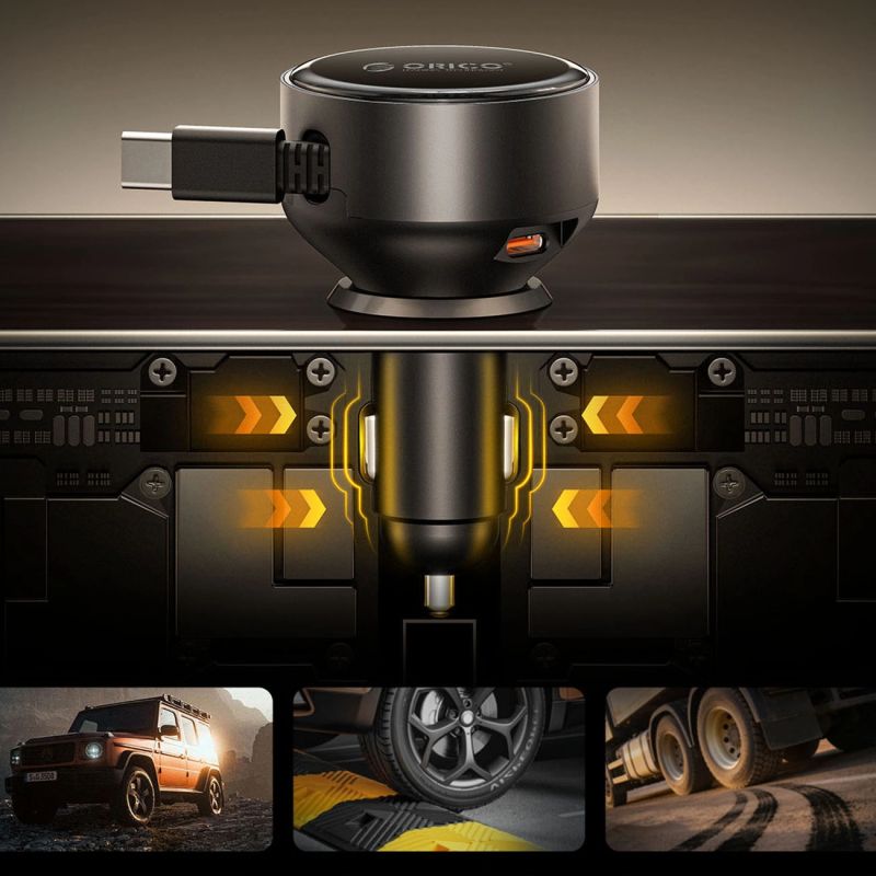 10. Orico FC-60-2C 60W Kfz-Ladegerät mit einziehbarem USB-C-Kabel (65 cm) – Schwarz