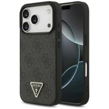 Guess Leather 4G Triangle Strass MagSafe Hülle für iPhone 18 Pro / 17 Pro - Schwarz