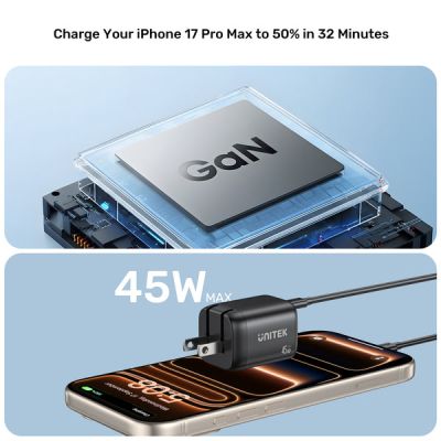 15. UNITEK 2x GAN 45W Ladegerät, 2x USB-C PD 3.0, QC, Schwarz
