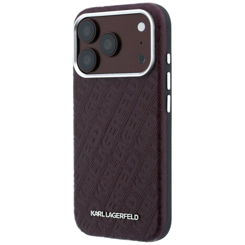 2. Karl Lagerfeld MagSafe-Schutzhülle aus Metall mit genarbtem Allover-Logo für iPhone 17 Pro Max / 18 Pro Max – Burgunderrot