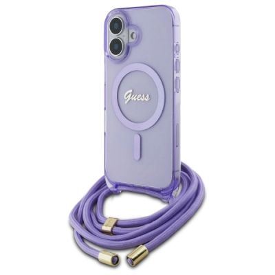 Guess Crossbody Cord Script MagSafe Hülle für iPhone 16 – Lila