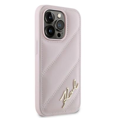 4. Karl Lagerfeld Diagonal Quilted Script Hülle für iPhone 14 Pro – Rosa