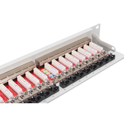 12. Digitus Patchpanel 19 Zoll, 24x RJ45, LSA-Level, Cat. 6A, geschirmt, 1 HE, grau, Kabelführung