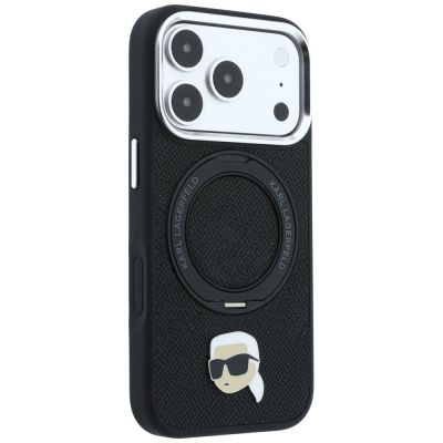 4. Karl Lagerfeld Hülle mit Ringständer, 360°-Kopf-Pin und MagSafe-Funktion für iPhone 18 Pro / 17 Pro – Schwarz