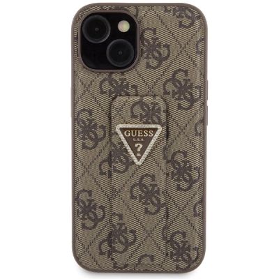 3. Guess Grip Stand 4G Triangle Strass Hülle für iPhone 15 – braun