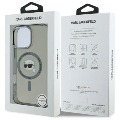 8. Karl Lagerfeld IML Metall-MagSafe-Hülle mit Karl-Kopf für iPhone 16 Pro – Schwarz