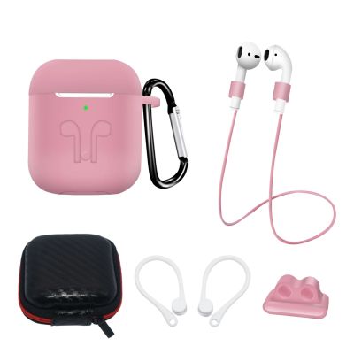 Set aus AirPods 2 / AirPods 1 Silikonhülle + Hülle / Ohrbügel / Umhängeband / Uhrenarmbandhalter / Karabiner - Rosa