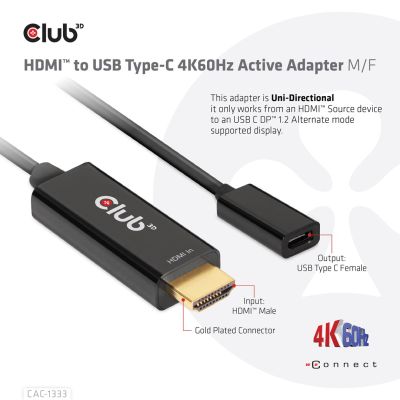 6. CLUB 3D CAC-1333 Kabeladapter 0,22 m HDMI Typ-A (Standard) USB Typ-C Schwarz