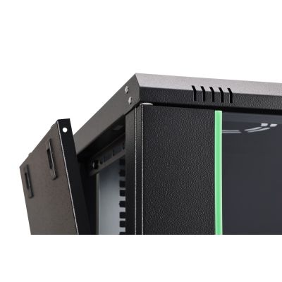 36. DYNAmic 19" 9HE Wand-Netzwerkschrank 600x450 mm, Glastür, schwarz, ungeteilt, montiert, 60 kg