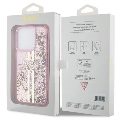 7. Guess Liquid Glitter Gold Stripes Hülle für iPhone 15 Pro – Rosa