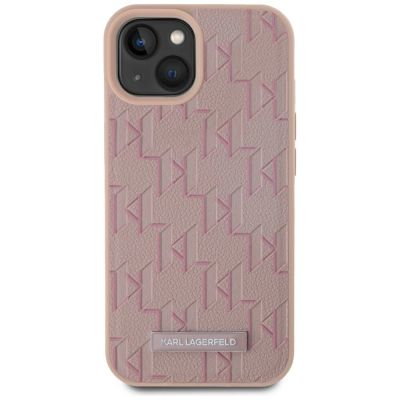 3. Karl Lagerfeld Leder-Monogramm-Metalllogo MagSafe iPhone 15 Hülle - Rosa