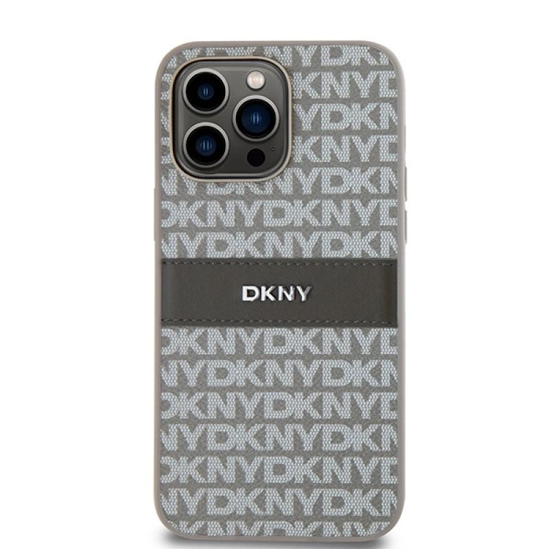 3. DKNY Lederhülle mit Monostreifen und Metalllogo für iPhone 14 Pro Max – Beige