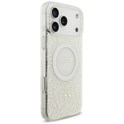 4. Guess IML Blumenmuster, galvanisiert, mit Perlmuttriemen und MagSafe-Hülle für iPhone 18 Pro Max / 17 Pro Max – Weiß