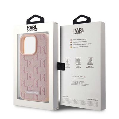 8. Karl Lagerfeld Leder-Monogramm-Metall-Logo-Hülle für iPhone 15 Pro Max – Rosa