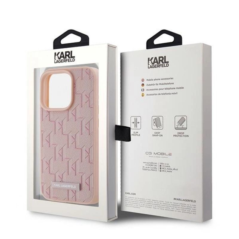 8. Karl Lagerfeld Leder-Monogramm-Metall-Logo-Hülle für iPhone 15 Pro Max – Rosa