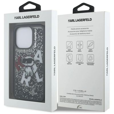 8. Karl Lagerfeld Liquid Glitter Choupette Logo Hülle für iPhone 16 Pro - Schwarz