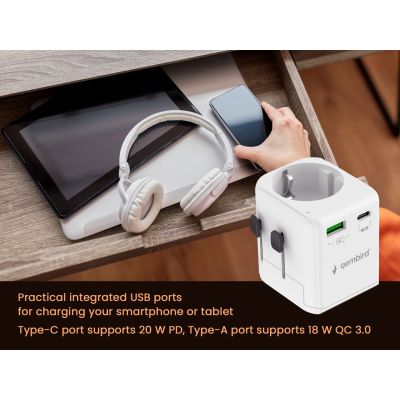 7. GEMBIRD UNIVERSAL-REISEADAPTER MIT ERDE 20 W, WEISS
