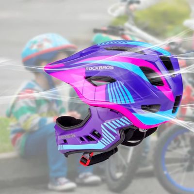 6. Rockbros TT-32SBPP-S Kinderfahrradhelm mit abnehmbarem Kinnbügel, Größe S – lila-rosa