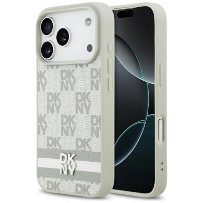 DKNY iPhone 17 Pro Hülle mit Karomuster und Streifen – Beige