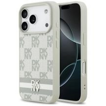 DKNY iPhone 17 Pro Hülle mit Karomuster und Streifen – Beige