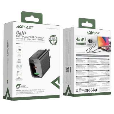 5. Acefast A106 GaN PD 45W USB-C USB-A Wandladegerät - Schwarz