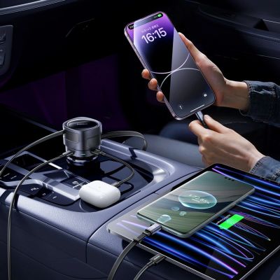 9. Baseus Enjoyment Max 90W Autoladegerät 2x USB-C + USB-C und Lightning Kabel - Schwarz