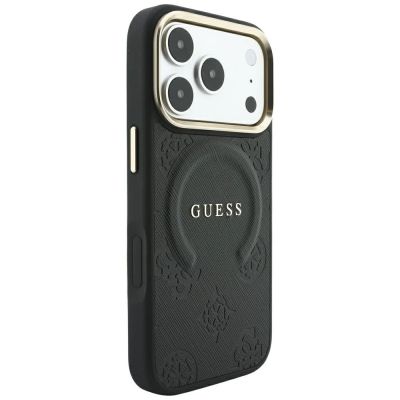 4. Guess Saffiano Peony & Ring MagSafe Hülle für iPhone 17 Pro / 18 Pro - Schwarz